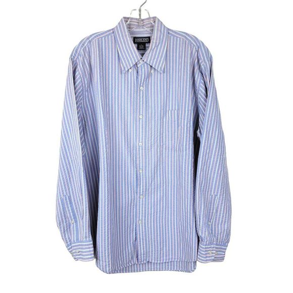 Lands' End Blue Stripes Crepe Textured Cotton Button Long Sleeves Shirt Size L - Picture 1 of 11